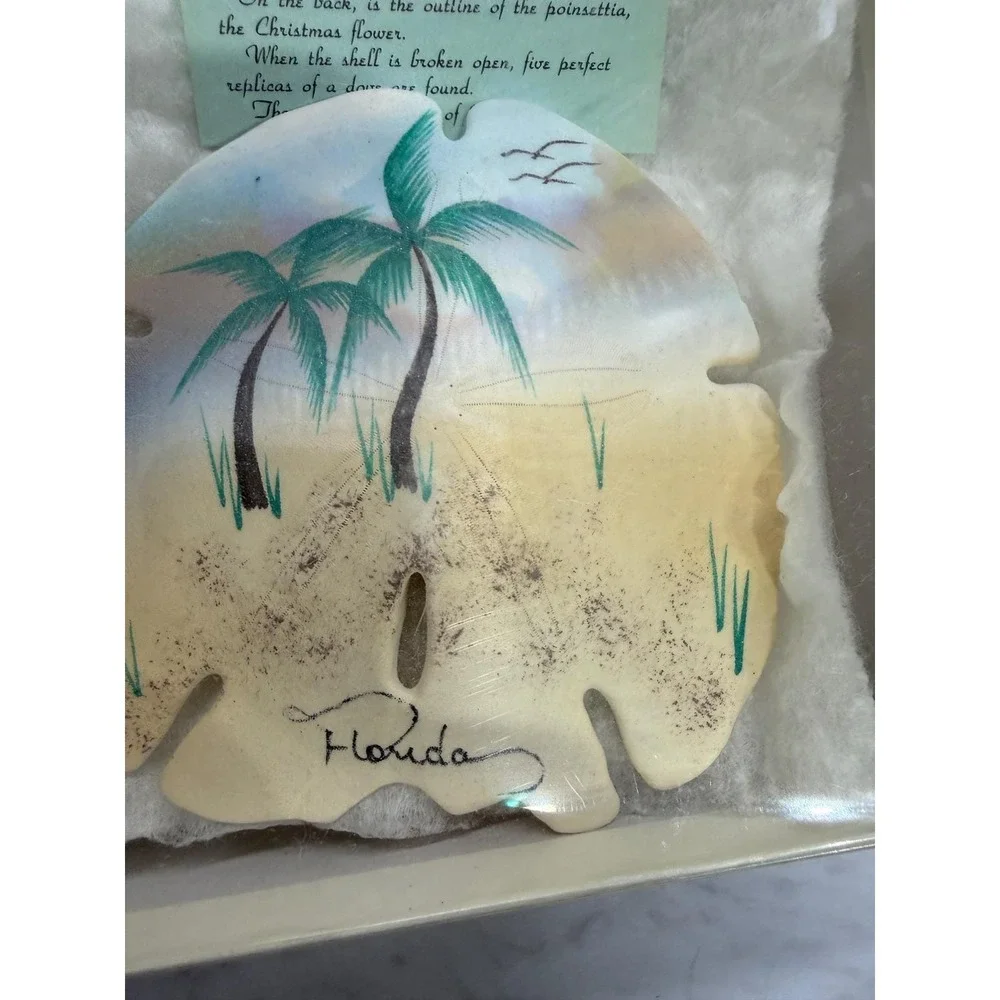 Vintage Hand Painted Florida Sand Dollar Beach Art Palm Trees Shadow Box Frame